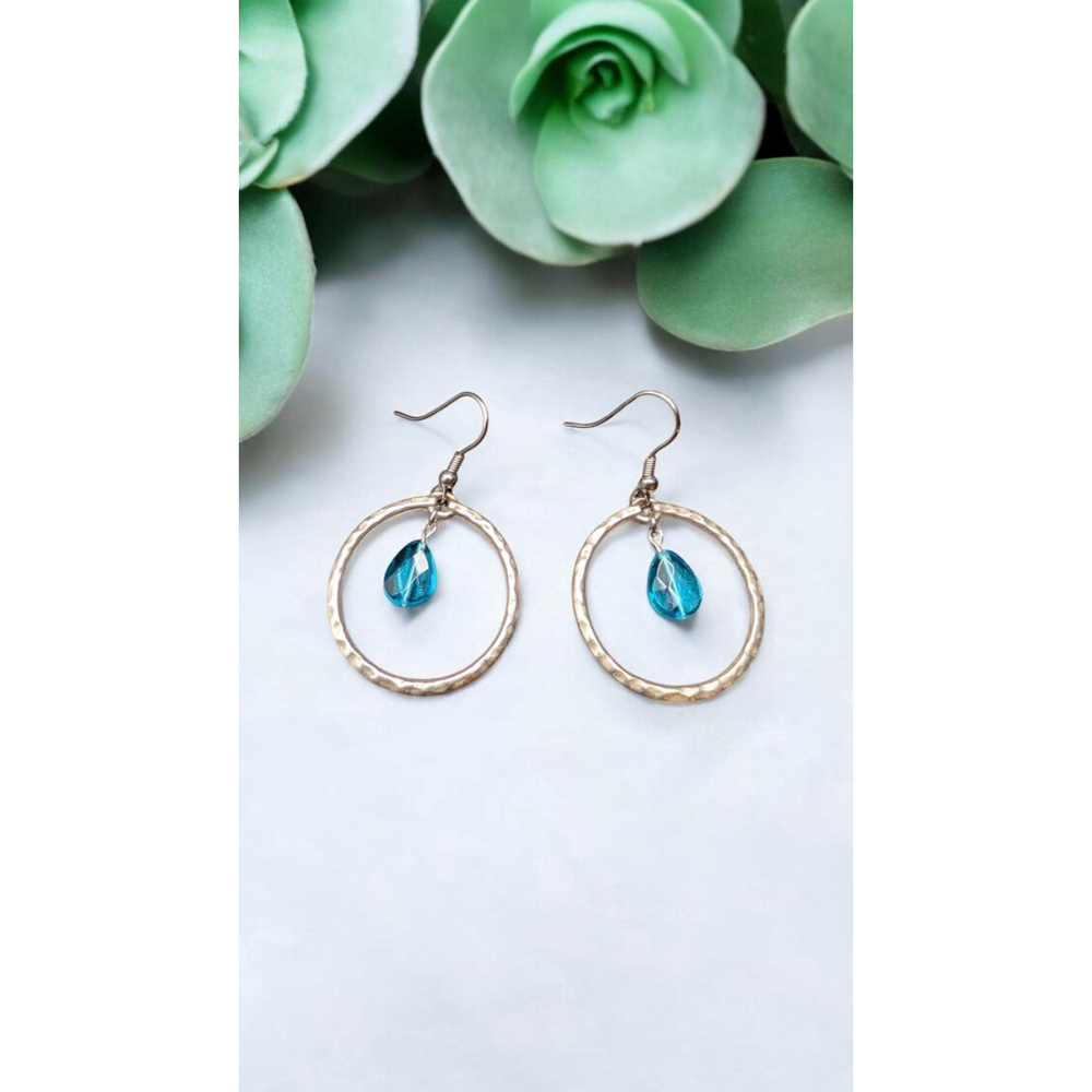 Blue Glass and Silver Tone Matte Hammered Hoops with Stainless Steel Ear Hooks